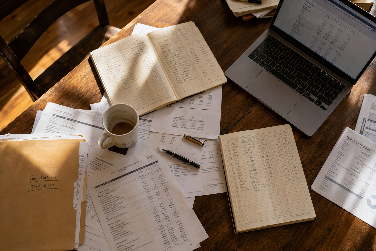 A wooden kitchen table seen from above, scattered with paper financial statements, open ledger books, a fountain pen, a coffee cup, a manila folder, and a laptop turned at an angle.
