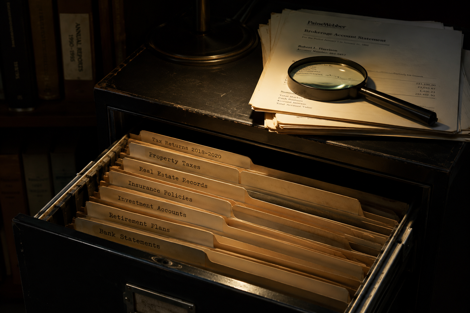 A close, dimly-lit still life of a half-open black metal filing cabinet drawer, manila folders fanned slightly, with a magnifying glass resting on a stack of brokerage statements and a small reading lamp casting warm light.