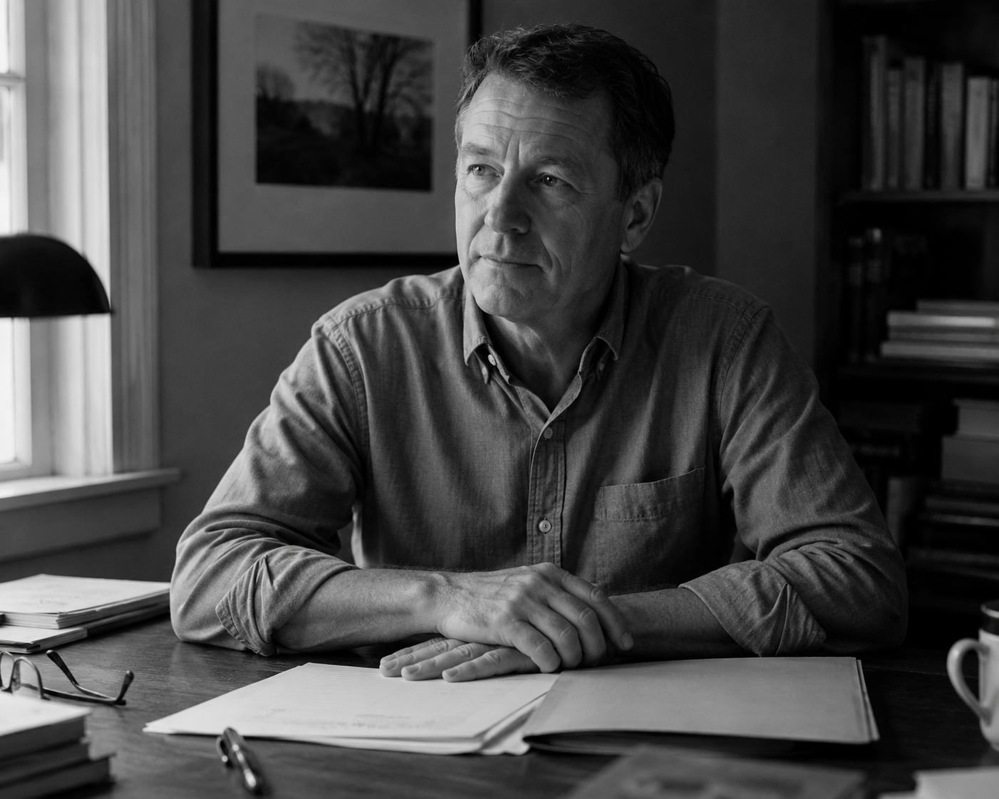 A black-and-white documentary portrait of a man seated at a wooden desk, soft window light from the side, hands resting on an open manila folder.
